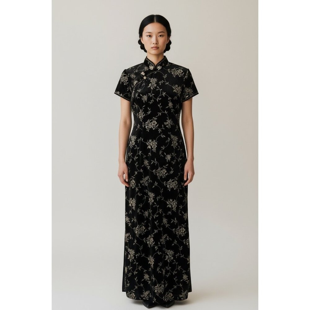 Vintage Y2K Glitter Burnout Velvet Long Dress Women 10 Black Japanese Whimsigoth
